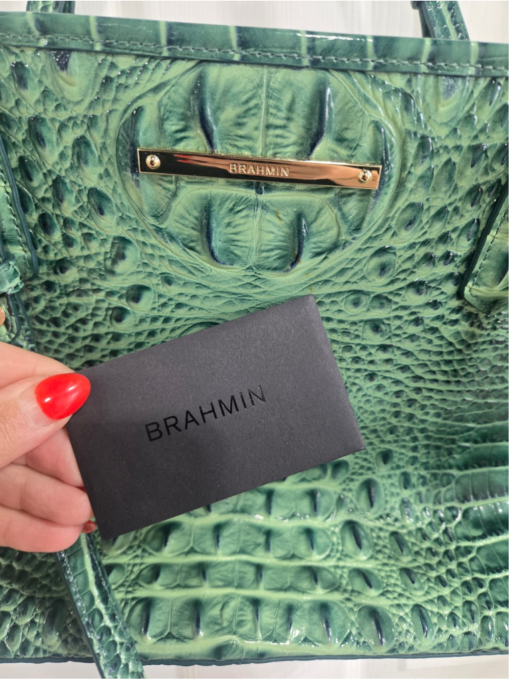 Women's Brahmin Green Croc Embossed Leather Tote Bag One Size - Picture 4 of 9